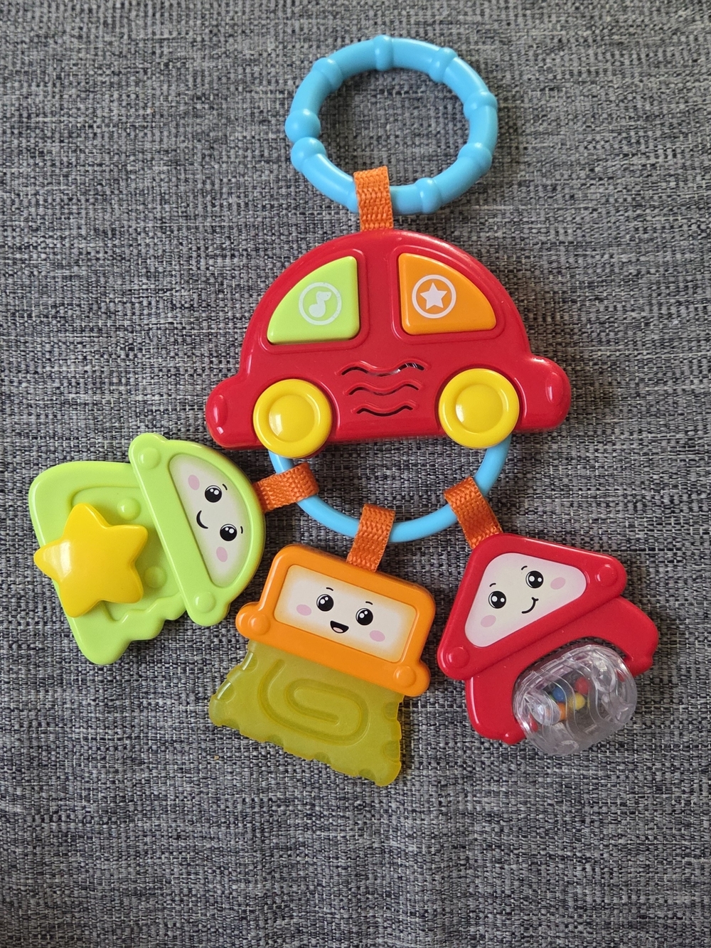 Red Baby Car Teether Toy with Multicolor Sensory Charms
